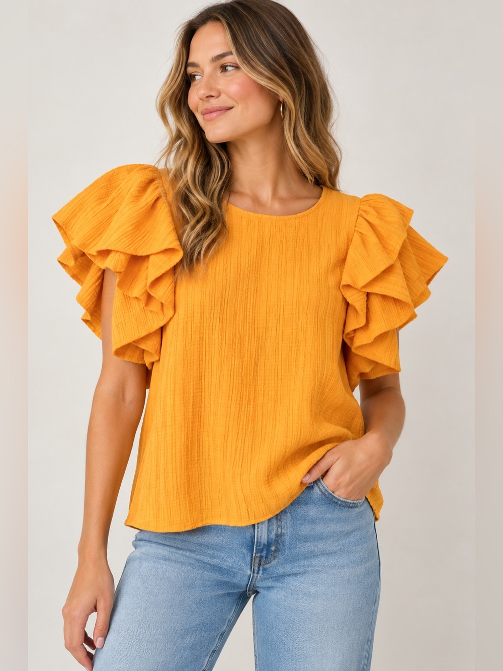 THML Marigold Textured Dramatic Ruffle Sleeve Blouse Top M